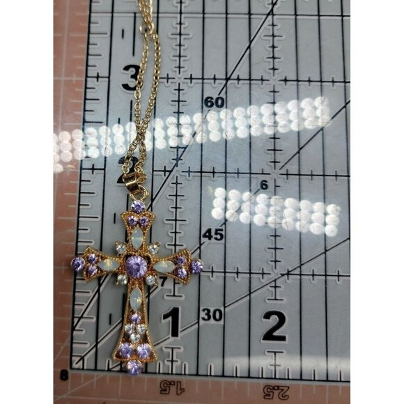 Sparkling Purple Rhinestone & Faux Opal Cross Pendant Necklace 19" Gold Plated - Picture 5 of 16